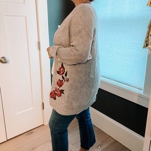 Grey Cardigan with Rose Embroidery
